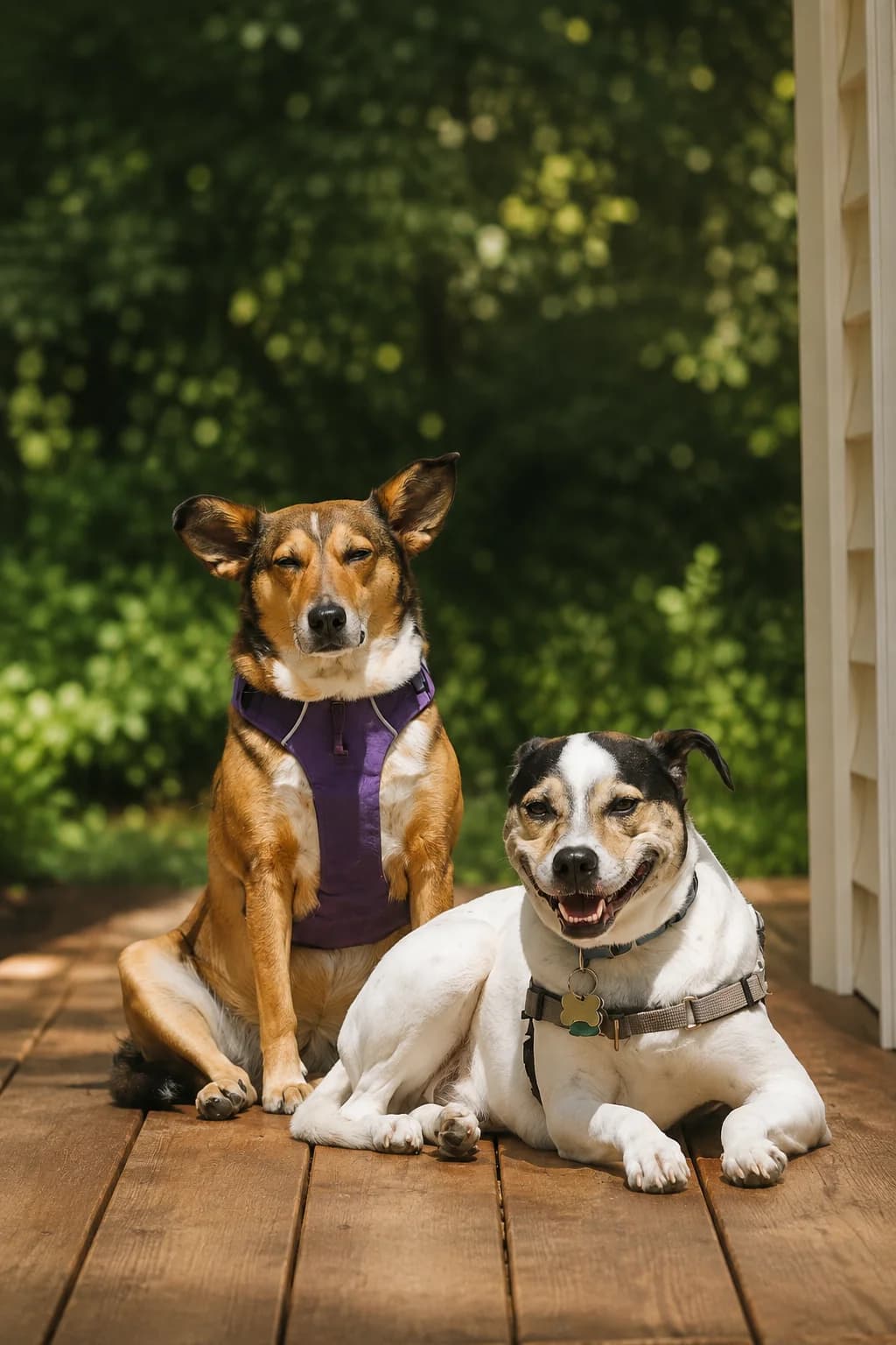 Bonnie and Almond, two daycare friends, enjoying a sunny porch together.