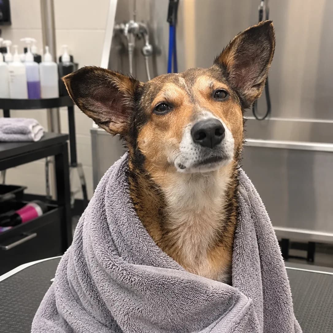 Bonnie, freshly bathed and wrapped in a grey towel, sitting up on a grooming table with her ears raised.